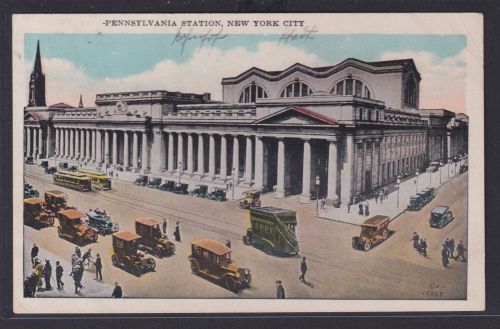 Ansichtskarte KünstlerkarteNew Yotk Pennsylvania Station Oldtimer Strassenbahn