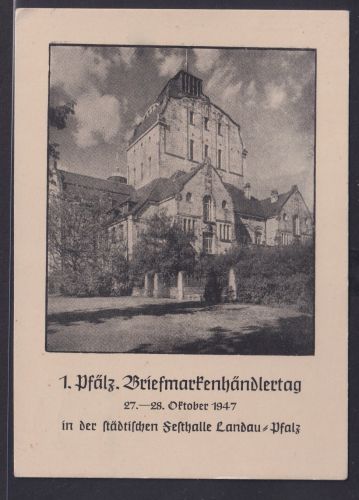 Franz. Zone gute Anlaßkarte 1. Pfälz. Briefmarken Ausstellung Festhalle Landau