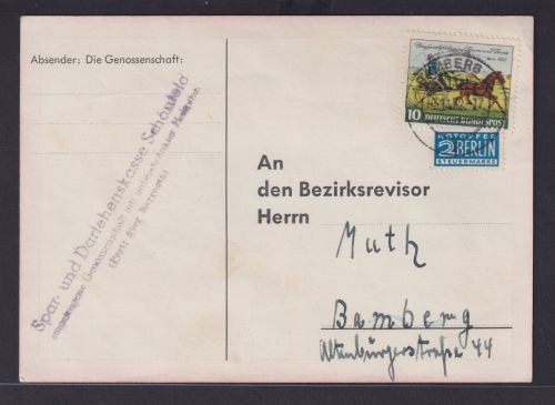 Bund Brief EF 160 Thurn & Taxis auf Sparwochen Karte Schönfeld Bamberg 3.11.1952