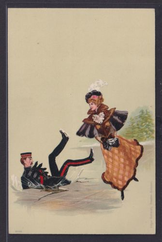 Ansichtskarte Scherzkarte Humor Spass Dame Soldat Eis Sturz