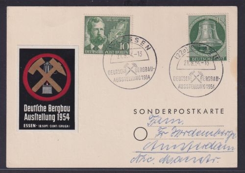 Bergbau Berlin Bund selt.Vignette + SST Essen Ausstellung 1954 nach Amsterdam