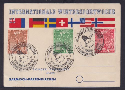 Berlin Brief 88-90 auf toller Anlasskarte Sport Wintersport Garmisch + Bob