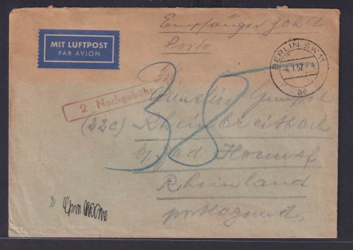 Berlin Luftpost Brief handschriftlich Empfänger zahlt Porto L1 2 Nachgebühr