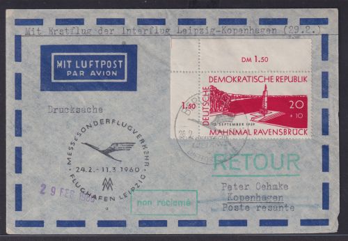 Flugpost DDR Brief Bogenecke Eckrand Interflug Leipzig Kopenhagen 1960