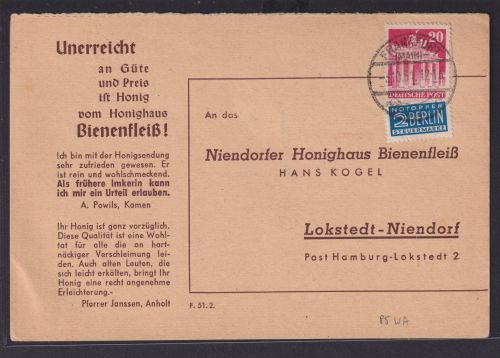 Bizone Bauten EF 20 Pfg. Reklame Karte Lokstedt Niendorf Honighaus Bienenfleis