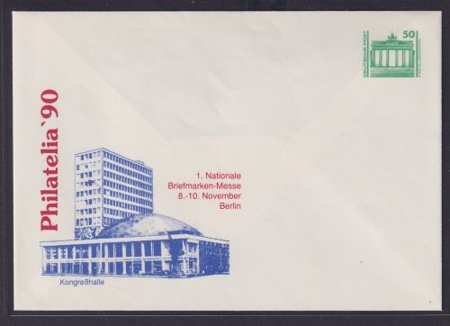 DDR Privatganzsache Philatelie 1990 1. nat. Briefmarken Messe WST Brandenburger