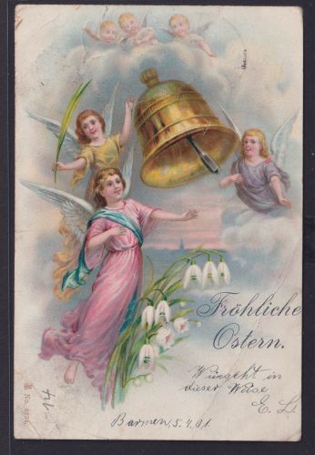 Ansichtskarte Künstlerkarte Ostern Engel Glocken Blumenschmuck ab Barmen nach