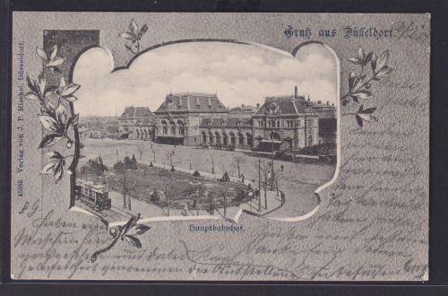 Jugendstil Ansichtskarte Künstlerkarte Düsseldorf Hauptbahnhof Strassenbahn