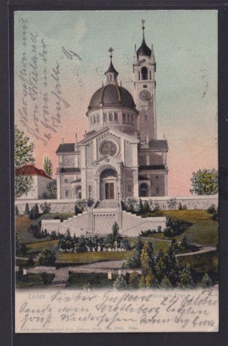 Ansichtskarte Zürich Kirche Enge Park nach Bergedorf 25.10.1902 Marke entfernt