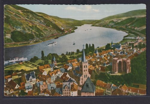 Ansichtskarte Künstlerkarte Bacharach Rhein Fluss Totalansicht Rheinland Pfalz