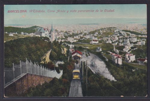 Ansichtskarte Künstlerkarte Barcelona Spanien Totalansicht Tibidabo Berg