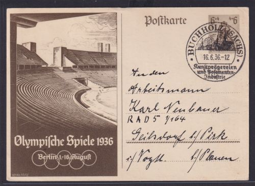 Buchholz Sport Deutsches Reich Ganzsache Olympia Spiele Berlin selt. SST