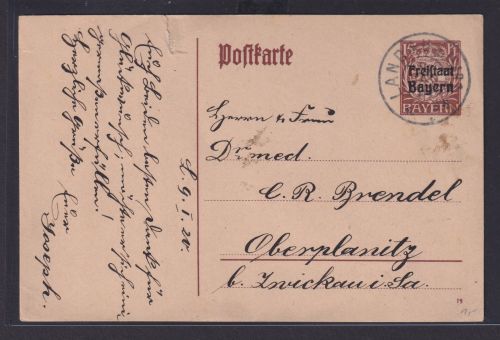 Bayern Ganzsache 15 Pfg. braun Landau nach Oberplanitz bei Zwickau Sachsen