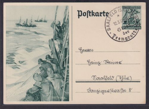 Deutsches Reich Brief Künstler Ganzsache Hochseefischer Reklame Stempel Saalfeld