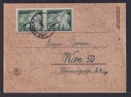 Ostmark Linz Deutsches Reich Brief MEF 843 Paar Verpflichtung Jugend nach Wien