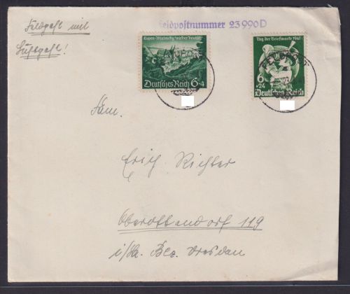 Deutsches Reich Feldpost Brief mit u.a. Tag der Briefmarke + viol. L1