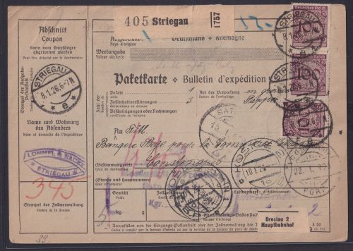 Deutsches Reich Infla Brief inter. Paketkarte nach Constantinopel ab Striegau