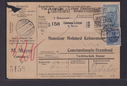 Deutsches Reich Brief Paketkarte Destination Coblenz Lützel mit Eindruck via
