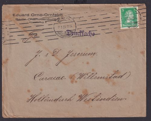 Deutsches Reich Brief 5 Pfg. Destination Berlin Curacao Niederlande Westindien