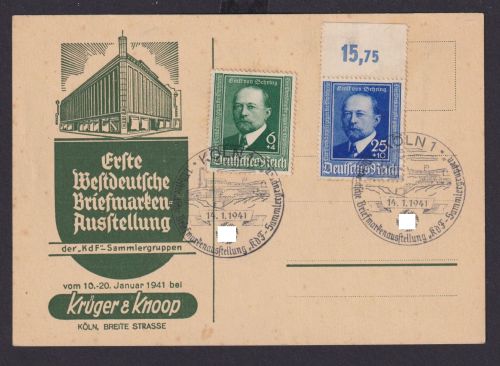 Deutsches Reich Brief Philatelie Sonderkarte Köln 1. Westdeutsche Briefmarken -