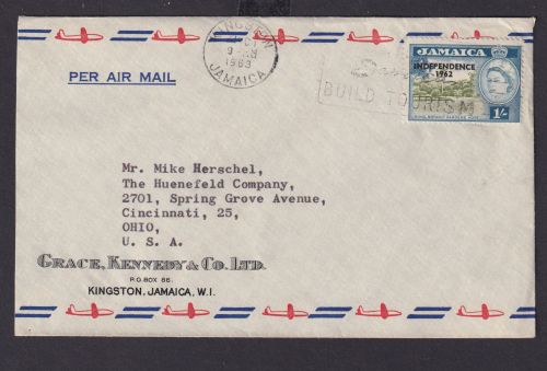 Flugpost Briefmarken Jamaica Brief Aufdruck Independence 1 sh Queen Elisabeth