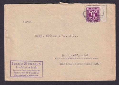 Bizone AM-Post Brief EF Rand 12 Pfg. Fürstenfeldbruck nach Berlin Köpenick