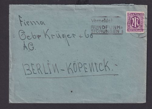 Bizone AM-Post Brief EF 12 Pfg. Post Reklame Wuppertal Elberfeld Berlin Köpenick