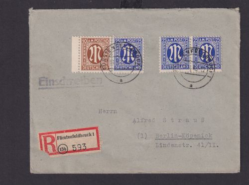 Bizone AM-Post R Brief incl. Paar 25 Pfg. Fürstenfeldbruck nach Berlin Köpenick