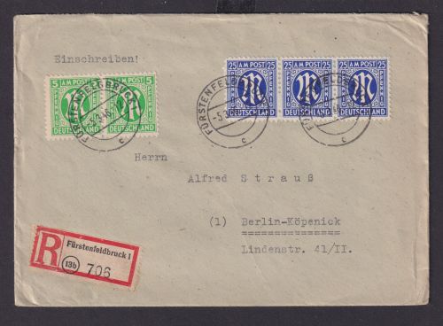 Bizone AM-Post R Brief Paar + Dreierstreifen Fürstenfeldbruck n. Berlin Köpenick