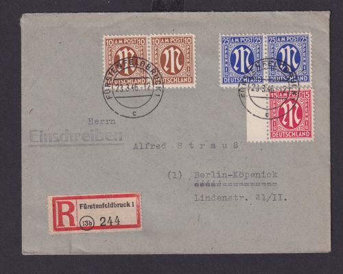 Bizone AM-Post R Brief incl. 2 Paare 10+25 Pfg. Fürstenfeldbruck Berlin Köpenick