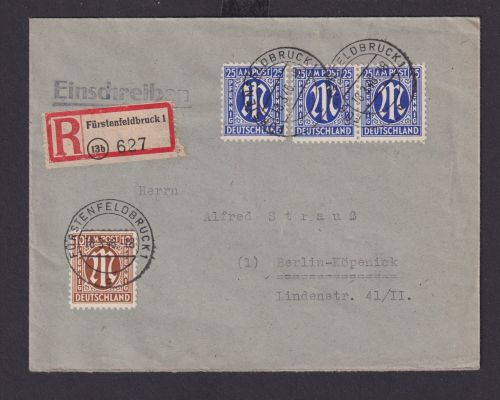 Bizone AM-Post R Brief incl. Paar 25 Pfg. Fürstenfeldbruck nach Berlin Köpenick