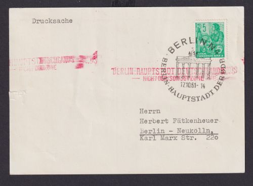 DDR Brief inter. Stempel Brandenburger Tor +roter....nicht der Sowjetzone auf Pk