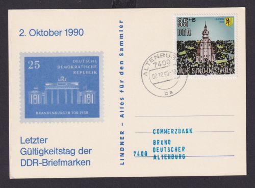 DDR Brief Philatelie Letzter Gültigkeitstag DDR Briefmarken Sonderkarte 2.10.90