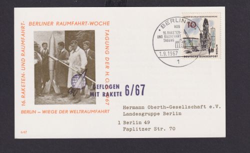 Rakete Berlin Brief inter Umschlag+ Stempel Brandenburger Tor Raumfahrt Weltraum