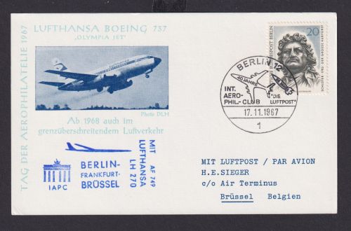 Flugpost airmail Berlin Brüssel Belgien selt Stempel Brandenburger Tor Lufthansa
