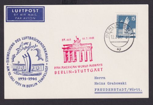 Flugpost airmail Berlin m. selten schönem Stempel Brandenburger Tor Pan American