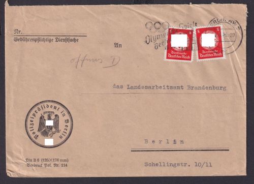 Deutsches Reich Dienst Brief mit Olympia Masch.-Stempel Polizeipräsent 191.