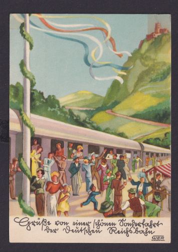 Eisenbahn Ansichtskarte Künstlerkarte Ausflug mit d. Reichsbahn Bergpanorama