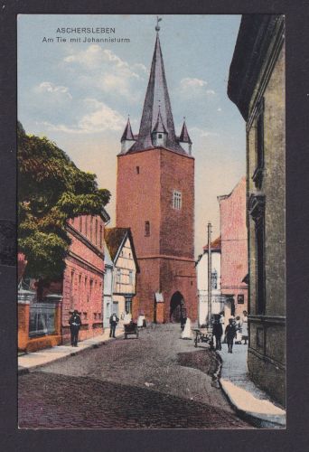 Ansichtskarte Aschersleben Sachsen Anhalt Am Tie m. Johannisturm Künstlerkarte