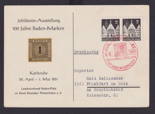 Bizone Philatelie selt. roter SST Karlsruhe Ausstellung 100 Jahre Briefmarken