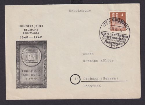 Bizone Philatelie Duisburg Brief EF 4 Pfg. Bauten mit SST 100 Jahre Briefmarken