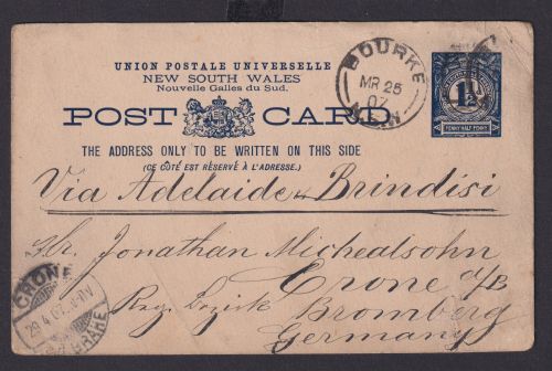 Australien New South Wales Ganzsache 1 1/2p blau Bourke n Bromberg Pommern