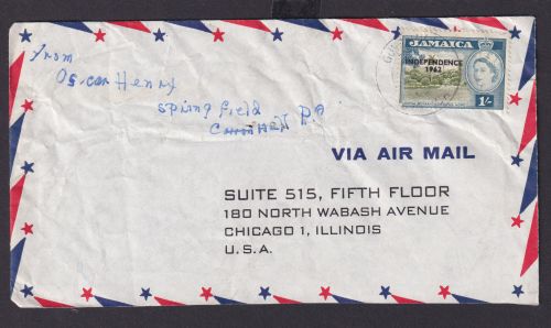 Jamaika Brief EF Queen Elisabeth 1s mit Aufdruck INDEPENDENCE 1962 nach Chicago