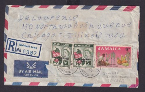 Jamaica Flugpost Brief Aufdruck Queen Elisabeth Whitfield Town Chicago Illinois