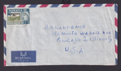 Jamaika Brief EF Queen Elisabeth 1s mit Aufdruck INDEPENDENCE 1962 n Chicago USA
