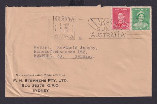 Australien Ozeanien Brief MIF inter. Masch.SST Sydney Hamburg 1939