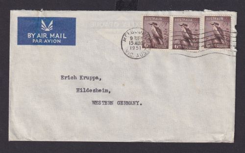 Australien Flugpost airmail MEF 6d Tiere Vögel Melbourne Hildesheim 15.8.1951