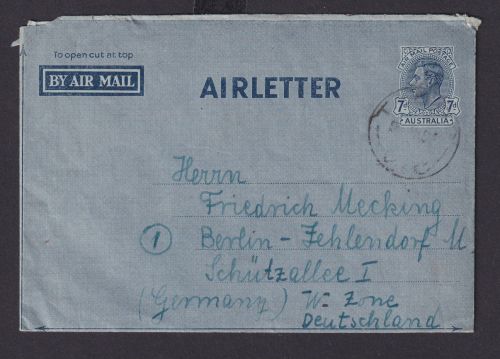 Flugpost Air Mail Australien Ganzsache Aerogramm 7d nach Berlin Zehlendorf