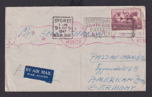 Australien Flugpost Brief EF 1,6 Sh nach Passau Hacklberg 1947