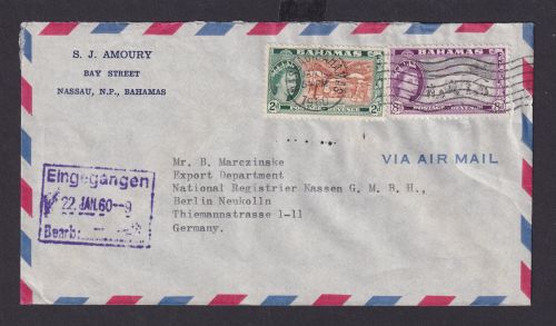 Flugpost Bahamas Queen Elisabeth Brief MIF 2d + 8d Destination Nassau Berlin
